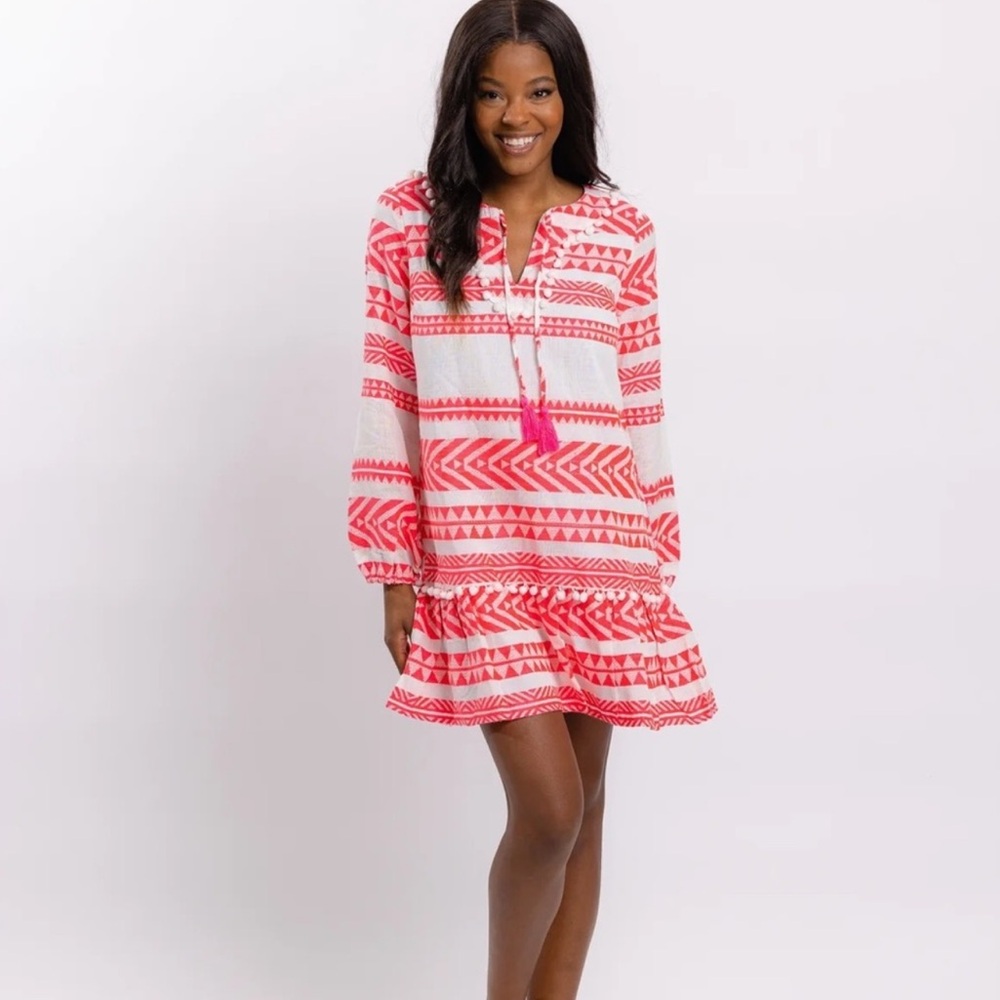 SAIL TO SABLE STRIPE LONG SLEEVE RUFFLE HEM DRESS - WHITE/PINK